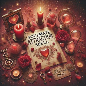 May include: A romantic still life featuring a "Soulmate Attraction Spell" book, red roses, candles, and heart-shaped accents. A framed heart, hourglass, and decorative keys add to the mystical theme. The color palette is dominated by reds and golds.