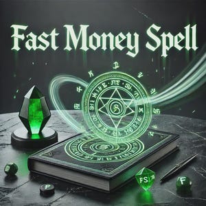 Puede incluir: Imagen de una escena mística con el texto "Fast Money Spell". Un cristal verde se encuentra sobre una base negra, y un círculo verde brillante flota sobre un libro. También hay un bolígrafo y dados, todo sobre una superficie oscura.