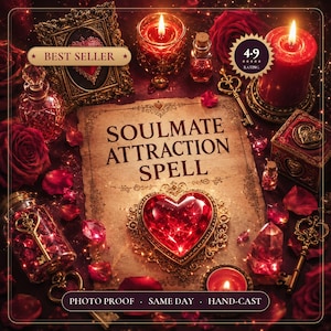 May include: A parchment paper with the text SOULMATE ATTRACTION SPELL, decorated with a large red heart, red roses, candles, small glass bottles, ornate keys, and a gold-framed picture. The image includes text labels BEST SELLER and 4.9 RATING.
