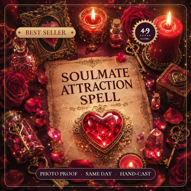 May include: A parchment paper with the text SOULMATE ATTRACTION SPELL, decorated with a large red heart, red roses, candles, small glass bottles, ornate keys, and a gold-framed picture. The image includes text labels BEST SELLER and 4.9 RATING.