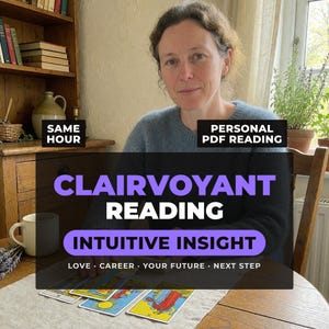 May include: A person sits at a wooden table with tarot cards laid out. Text overlays read: SAME HOUR, PERSONAL PDF READING, CLAIRVOYANT READING, INTUITIVE INSIGHT, LOVE, CAREER, YOUR FUTURE, NEXT STEP. The person wears a blue jumper.
