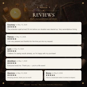 May include: A digital graphic displaying five-star customer reviews for Moonveils. The text includes the title REVIEWS, Real 5-star words from real clients, and six individual testimonials from Courtney, Patricia, Lyric, Ahmilleon, Gianinna, and Emery.