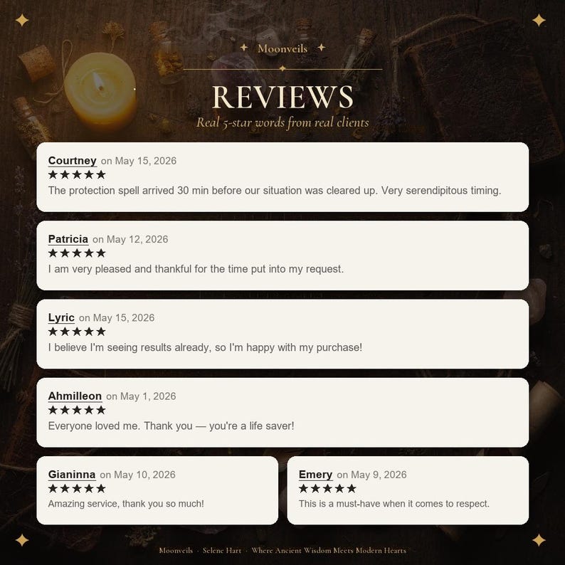 May include: A digital graphic displaying five-star customer reviews for Moonveils. The text includes the title REVIEWS, Real 5-star words from real clients, and six individual testimonials from Courtney, Patricia, Lyric, Ahmilleon, Gianinna, and Emery.