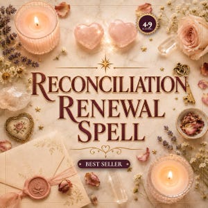 Könnte beinhalten: Eine Grafik mit dem Text RECONCILIATION RENEWAL SPELL, umgeben von zwei brennenden Kerzen, zwei Rosenquarzherzen, einem alten Schlüssel, einem versiegelten Umschlag mit Rosensiegel, Trockenblumen und einem Abzeichen mit 4.9 RATING und BEST SELLER.