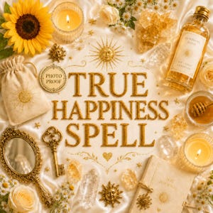 Può includere: Una natura morta con un girasole, candele, cristalli, un piccolo specchio, una chiave e un diario. Le parole "TRUE HAPPINESS SPELL" sono in evidenza. L'immagine ha un'estetica calda e invitante con elementi naturali e temi spirituali.
