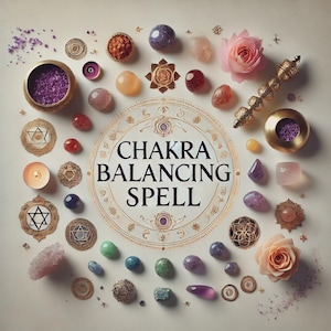 May include: An arrangement of crystals, flowers, candles, and decorative elements surrounding a circular design with the text "Chakra Balancing Spell". The color palette includes gold, purple, pink, and various earth tones, creating a mystical aesthetic.