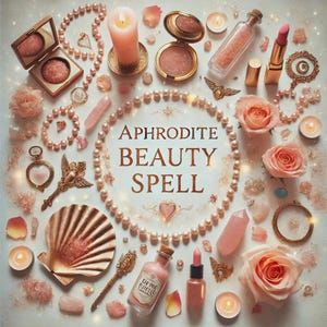 May include: An arrangement of beauty products and accessories in shades of pink and gold, including makeup, jewelry, candles, and roses. The text "APHRODITE BEAUTY SPELL" is displayed in the center, surrounded by a pearl necklace. A seashell and a small bottle are also visible.