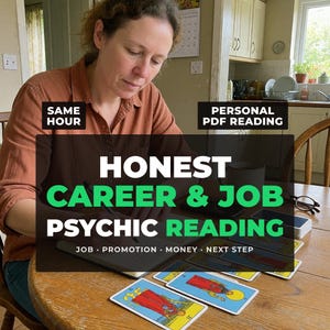 Peut inclure: Un jeu de cartes de tarot disposé sur une table en bois avec des textes superposés indiquant SAME HOUR, PERSONAL PDF READING, HONEST CAREER & JOB PSYCHIC READING, JOB, PROMOTION, MONEY, NEXT STEP. Les cartes présentent des illustrations colorées.