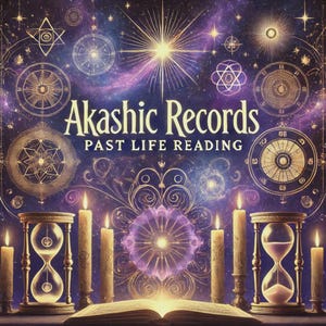 May include: An artistic illustration with the text "Akashic Records Past Life Reading." The image features a celestial background with stars, geometric shapes, candles, hourglasses, and an open book emitting light. The color palette includes purple, gold, and cream.
