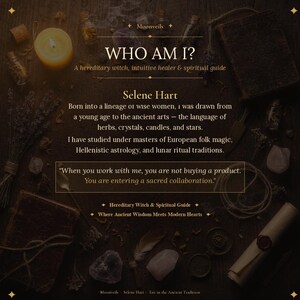 May include: A dark, atmospheric informational graphic featuring the text WHO AM I? Selene Hart, a hereditary witch, intuitive healer & spiritual guide. The image includes a lit candle, crystals, dried herbs, and a scroll on a dark wooden surface.