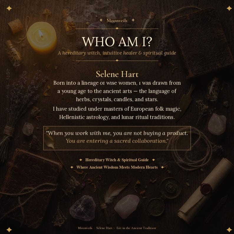 May include: A dark, atmospheric informational graphic featuring the text WHO AM I? Selene Hart, a hereditary witch, intuitive healer & spiritual guide. The image includes a lit candle, crystals, dried herbs, and a scroll on a dark wooden surface.