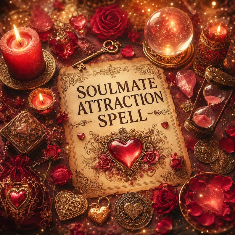 May include: A parchment paper with the text SOULMATE ATTRACTION SPELL, decorated with a red heart, surrounded by red candles, a crystal ball, an hourglass, a gold key, red roses, heart-shaped trinkets, and gold coins in a warm, glowing setting.