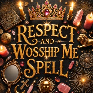 Könnte beinhalten: Ein dunkler Hintergrund mit goldenem Text, der „Respect and Wosship Me Spell“ lautet. Das Bild enthält eine goldene Krone, Kerzen, Kristalle, eine Löwenstatue, einen Spiegel und andere mystische Gegenstände.