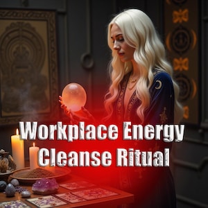 Op de afbeelding: Een afbeelding met een vrouw met lang blond haar die een gloeiende bol vasthoudt. De tekst "Workplace Energy Cleanse Ritual" is weergegeven. De scène bevat kaarsen, kristallen en tarotkaarten, wat wijst op een spiritueel thema.