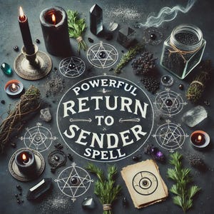 Puede incluir: Vista cenital de una composición mística con una vela negra encendida, cristales, hierbas y un tarro lleno de cuentas negras. El texto "POWERFUL RETURN TO SENDER SPELL" se muestra en un diseño circular, con símbolos místicos.