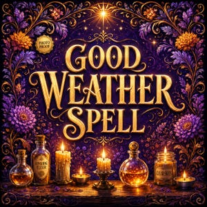 May include: A decorative illustration with the text "GOOD WEATHER SPELL" in gold. The image shows glass bottles and jars with glowing liquid, lit candles, and floral details in purple and gold against a dark purple backdrop.