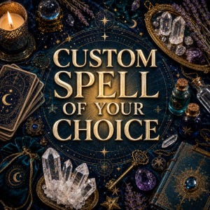 Op de afbeelding: Een afbeelding met een verzameling mystieke items, waaronder tarotkaarten, kristallen, drankflesjes en een brandende kaars. De centrale tekst luidt "CUSTOM SPELL OF YOUR CHOICE" in gouden letters, tegen een donkerblauwe achtergrond met hemelse ontwerpen.