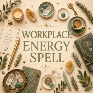 Op de afbeelding: Een bovenaanzicht toont een beige oppervlak met diverse objecten. De tekst "WORKPLACE ENERGY SPELL" staat centraal. De opstelling omvat kristallen, een kaars, een pen, een boek en een kopje koffie, wat wijst op een spiritueel of wellness thema.