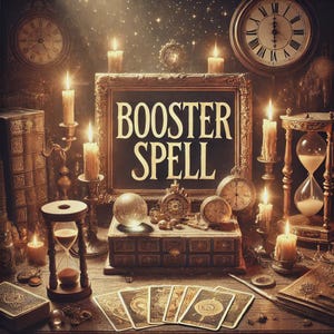 Puede incluir: Una escena de estilo antiguo con un letrero enmarcado que dice "BOOSTER SPELL". La imagen presenta velas encendidas, relojes, una bola de cristal, cartas del tarot y un reloj de arena. La paleta de colores es cálida, con tonos dorados y marrones.