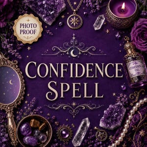 May include: A purple-themed composition with the words "CONFIDENCE SPELL" in the center. The image features crystals, a candle, a hand mirror, a bottle of oil, and a necklace with a star pendant. The overall aesthetic is mystical and spiritual.