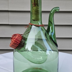 Italian Green Glass Wine Decanter Hand Blown With Ice Chamber & Stopper
