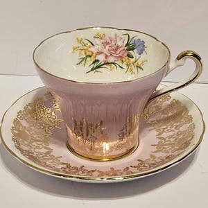 Royal Stafford Bone China Tea Cup & Saucer Pink Gold Trim Floral Corset England