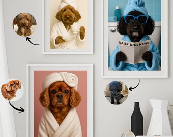 Funny Bathroom DogArt,Custom Pet Portrait from photo,Dog Reading Newspaper on Toilet,Dog Bathroom Art,Dog in a Bathtub,Bathroom Dog Wall Art
