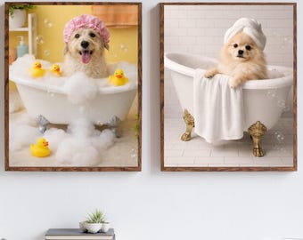 Pet Bathroom Art Wall Decor,Funny Dog Bathroom Print Poster,Custom Pet Portraits,Dog In Toilet,Pet in Bathtub,Dog Reading Newspaper,Pet gift