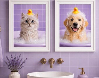 Arte murale personalizzata per animali domestici: ritratto divertente di una giornata alla spa, trasformazione della foto di un animale domestico, stampa estetica per il bagno