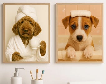Custom Dog Bathroom Wall Art Funny Pet Portraits in Bath Robes, Shampoo, or Shower Scenes – Personalized Pet Gift for Dog Lovers