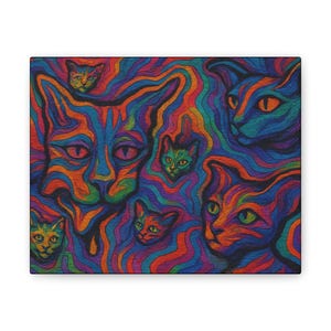 Wavy Vibrant Trippy Kitten Psychedelic Matte Canvas Whimsical Cat Litter Lucid Perception Hangable WallArt Timeless Iconic Dreamy Cat Canvas