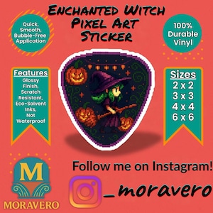 Retro 8-Bit Halloween Witch Vinyl Sticker: Pixel Arcade Decal
