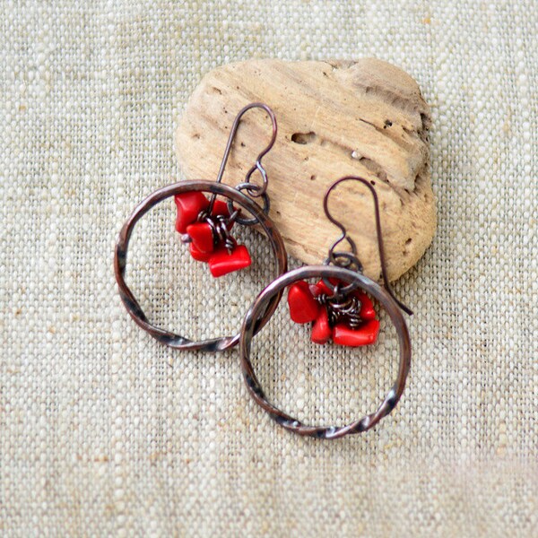 Gift for Boho Wife Sister Copper Earrings Artisan Earrings Red Coral Copper Anniversary Gift Boho Earrings Copper Jewelry Artisan Jewelry