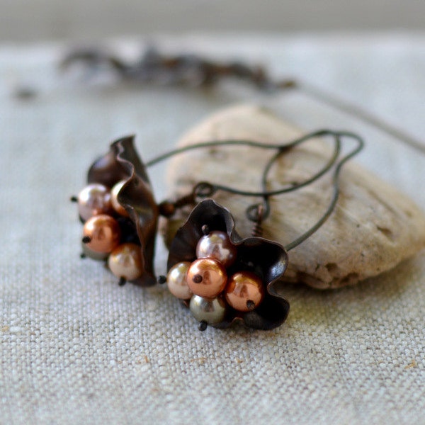 Artisan copper earrings - boho OOAK earrings - brown long earrings with pearls - handmade jewelry by Alery