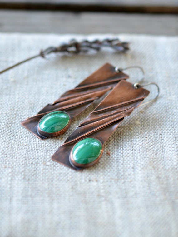 Items similar to Long copper earrings handmade artisan jewelry