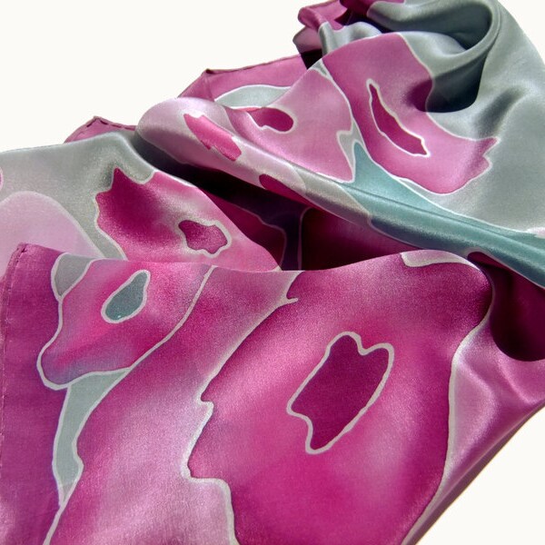 Hand painted silk scarf Rose and Gray Square 21x21in. Gift for her under 25
