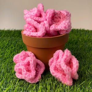 May include: A terracotta plant pot containing three pink crocheted flowers. Two more pink crocheted flowers sit in front of the pot. The flowers have a textured, ruffled look, and are on artificial green grass.