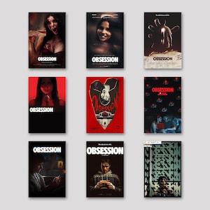 May include: A collection of nine movie posters with the title "Obsession". The posters feature various images, including portraits, a hand reaching out, and a couple. The color palette includes red, black, and white.
