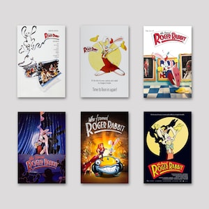 Puede incluir: Seis carteles de la película "¿Quién engañó a Roger Rabbit?". Los carteles muestran a Roger Rabbit en varias poses, con el título de la película y el eslogan "Time to Toon in again!"