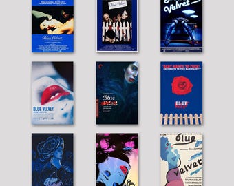 Op de afbeelding: Negen filmposters voor "Blue Velvet" worden getoond. De posters tonen verschillende ontwerpen, waaronder afbeeldingen van acteurs, een rode roos en de titel van de film in verschillende lettertypen. Het kleurenpalet wordt gedomineerd door blauw, rood en zwart.