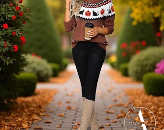 Halloween Fair Isle Sweater: Cosy Women&#39;s Pumpkin & Cat Pullover - Festive Autumn Knit Jumper