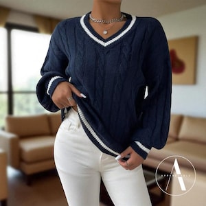 Striped V-Neck Knit Sweater: Elegant Varsity Style