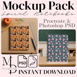 May include: An image showcasing two spiral notebooks. One has a tan cover with orange pumpkins and brown boots, the other a teal cover with a floral design. The image includes text that reads "Mockup Pack" and "Instant Download".