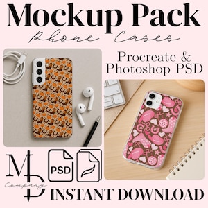 May include: Mockup Pack Phone Cases. The image shows two phone cases with different designs. One case has a brown and orange pattern with pumpkins and horseshoes. The other case has a pink and brown pattern with hearts and boots. The text "Procreate & Photoshop PSD" is also visible.
