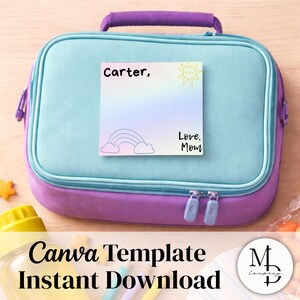 May include: A light blue and purple insulated lunch bag with a purple handle and zippers. A note with the text "Carter, Love, Mom" and a rainbow and sun graphic is attached to the bag.