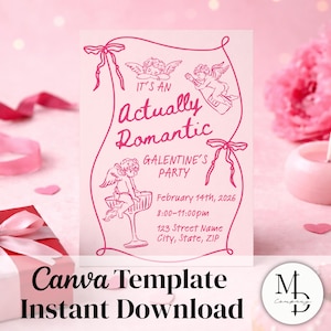 以下が含まれることがあります： ピンク色のGalentine's Party招待状テンプレート。テキスト「It's An Actually Romantic」と天使のイラストが特徴です。招待状には日付、時間、場所が含まれています。「Canva Template Instant Download」の文字が下にあります。