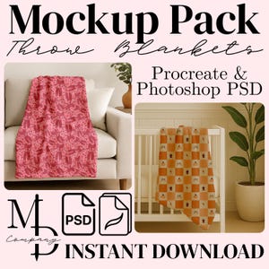 Può includere: Immagine di un pacchetto mockup di coperte. Una coperta, drappeggiata su un divano, presenta un motivo rosa. L'altra, drappeggiata su una culla, presenta un design arancione e bianco. Il testo "Mockup Pack Throw Blankets" è visibile in alto.