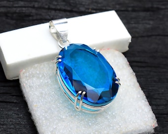 Blue Topaz Pendant Necklace 925 Sterling Silver, Handmade Blue Gemstone Jewelry for Women, December Birthstone Gift for her