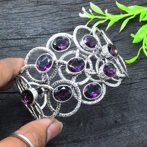 925 Sterling Silver Bracelet Purple Amethyst Gemstone Bangle Handmade Bracelet Cuff Adjustable Bangle Gift For Women Gift For Wife Sz 7-8&quot;
