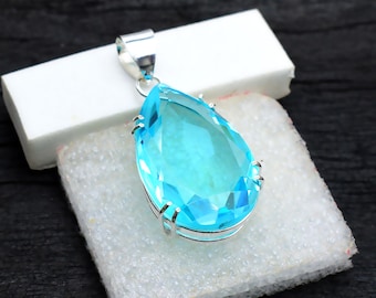 Aquamarine Pendant 925 Sterling Silver Necklace, Handmade Blue Gemstone Jewelry Gift for Her, March Birthstone Necklace